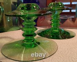1 Pair Heisey MARS GREEN GLASS Single CANDLE STICK HOLDERS #113 VERY RARE EXC