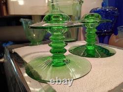 1 Pair Heisey MARS GREEN GLASS Single CANDLE STICK HOLDERS #113 VERY RARE EXC