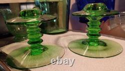 1 Pair Heisey MARS GREEN GLASS Single CANDLE STICK HOLDERS #113 VERY RARE EXC