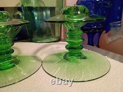 1 Pair Heisey MARS GREEN GLASS Single CANDLE STICK HOLDERS #113 VERY RARE EXC