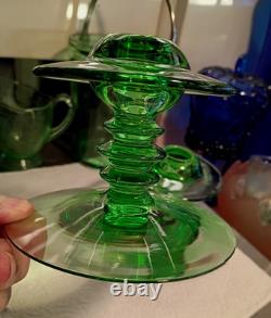 1 Pair Heisey MARS GREEN GLASS Single CANDLE STICK HOLDERS #113 VERY RARE EXC