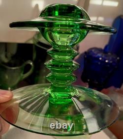 1 Pair Heisey MARS GREEN GLASS Single CANDLE STICK HOLDERS #113 VERY RARE EXC