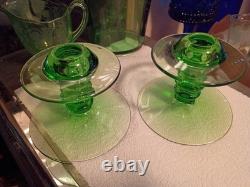 1 Pair Heisey MARS GREEN GLASS Single CANDLE STICK HOLDERS #113 VERY RARE EXC