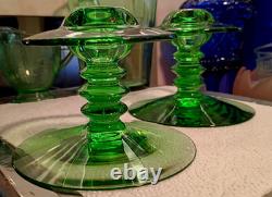 1 Pair Heisey MARS GREEN GLASS Single CANDLE STICK HOLDERS #113 VERY RARE EXC