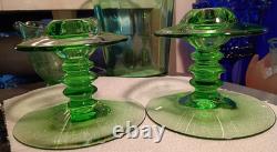1 Pair Heisey MARS GREEN GLASS Single CANDLE STICK HOLDERS #113 VERY RARE EXC 1 Pair Heisey MARS GREEN GLASS Single CANDLE STICK HOLDERS #113 VERY RARE EXC