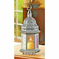 12 Pc Lot, Lantern Magic Rainbow Glass Panels Moroccan Black Metal Candle Holder