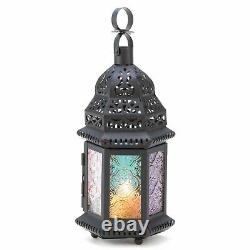 12 Pc Lot, Lantern Magic Rainbow Glass Panels Moroccan Black Metal Candle Holder