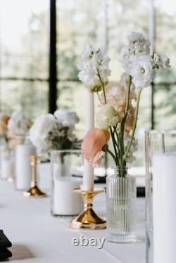 12 Taper Candles, 12 Glass Chimneys and 12 Gold Timeless Taper Holders S