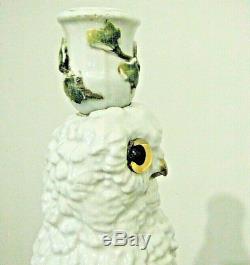 13in Antique Majolica French Pottery Porcelain Owl Ivy Candle Holder Glass Eyes