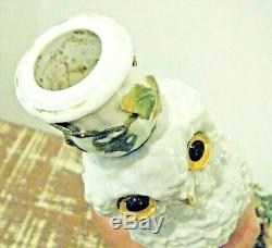13in Antique Majolica French Pottery Porcelain Owl Ivy Candle Holder Glass Eyes