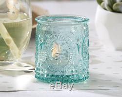 144 Vintage Embossed Aqua Blue Glass Tealight Candle Holder Bridal Wedding Favor