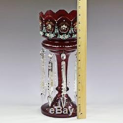 14H Antique ruby red glass Lustre with cut crystal glass Mantle candleholder Vase