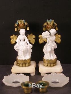 1800's Marble Bronze French Palais Royal Opaque Glass Figure Candle Holder Stick