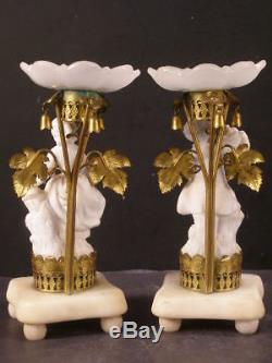 1800's Marble Bronze French Palais Royal Opaque Glass Figure Candle Holder Stick