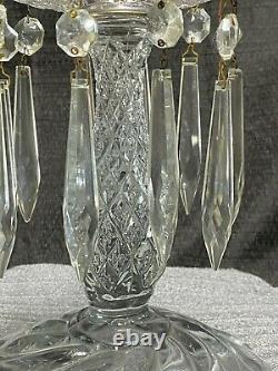 1930's Unique 10 Tall CRYSTAL GLASS CANDLE HOLDER CANDELABRA WITH 10 PRISMS