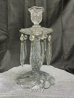 1930's Unique 10 Tall CRYSTAL GLASS CANDLE HOLDER CANDELABRA WITH 10 PRISMS