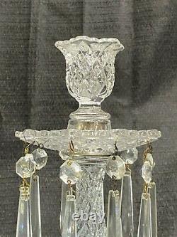 1930's Unique 10 Tall CRYSTAL GLASS CANDLE HOLDER CANDELABRA WITH 10 PRISMS