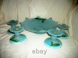 1930s Moderne Classic Reverse Painted Glass Candle Holders Bowl Indiana Glass