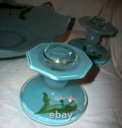 1930s Moderne Classic Reverse Painted Glass Candle Holders Bowl Indiana Glass