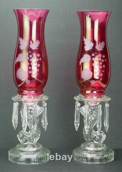 1940's Clear Glass Koi Dolphin Candle Stick Lantern with Prisms and Red Globe