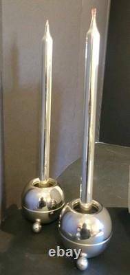 1954 Nelson Candle Sphere Chrome Ball Orb Holders MCM Pair Mercury Glass Candles