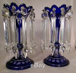 19th Pair Cobalt Blue Cut Glass Mantle Luster Lamps Candle holders 10 Tall