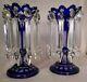 19th Pair Cobalt Blue Cut Glass Mantle Luster Lamps Candle Holders 10 Tall