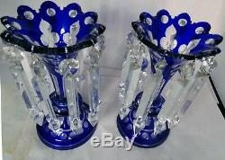 19th Pair Cobalt Blue Cut Glass Mantle Luster Lamps Candle holders 10 Tall