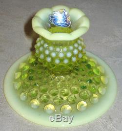 2 1940 Antique Fenton Vaseline Opalescent Hobnail Art Glass Topaz Candle Holder