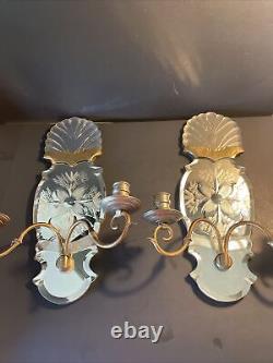 2 Antique 4 Candle Mirrored Wall Sconces 18 Etched Floral Pattern Beautiful