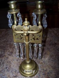 2 Antique Unique French Unique Brass Crystal Candleabrum 14