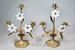 2 Antique Vermeil Bronze Candle Holders Opalescent Glass Lily Flowers 13 High