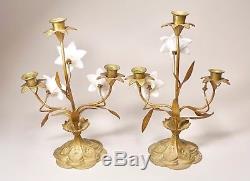 2 Antique Vermeil Bronze Candle Holders Opalescent Glass Lily Flowers 13 High