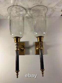 2 Brass Wall Sconce Candle Holders crystal glass Hurricane -India