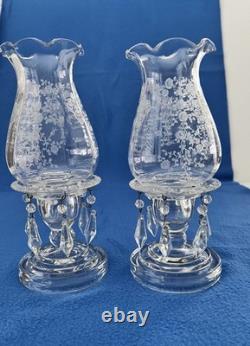 2 Cambridge 8 Etched Glass Rose Point Hurricane Lamp Candle Holders