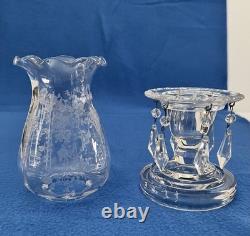 2 Cambridge 8 Etched Glass Rose Point Hurricane Lamp Candle Holders