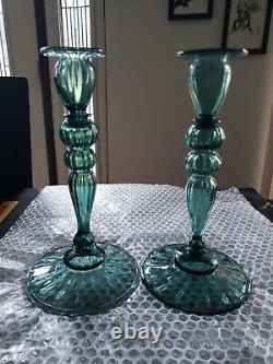 (2) Candlesticks 10 Candle Holders #2956 Art Glass Rare Steuben Aqua blue-green