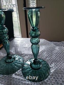 (2) Candlesticks 10 Candle Holders #2956 Art Glass Rare Steuben Aqua blue-green