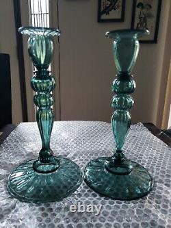 (2) Candlesticks 10 Candle Holders #2956 Art Glass Rare Steuben Aqua blue-green