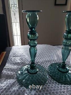 (2) Candlesticks 10 Candle Holders #2956 Art Glass Rare Steuben Aqua blue-green