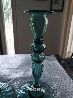 (2) Candlesticks 10 Candle Holders #2956 Art Glass Rare Steuben Aqua blue-green