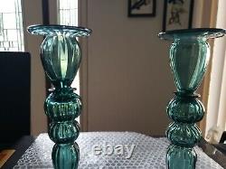 (2) Candlesticks 10 Candle Holders #2956 Art Glass Rare Steuben Aqua blue-green