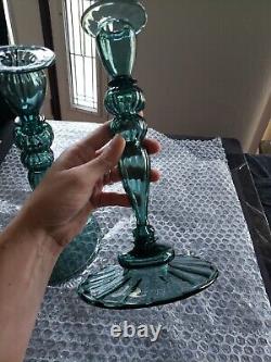 (2) Candlesticks 10 Candle Holders #2956 Art Glass Rare Steuben Aqua blue-green