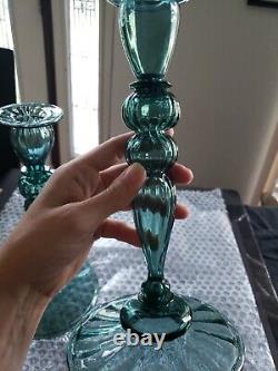 (2) Candlesticks 10 Candle Holders #2956 Art Glass Rare Steuben Aqua blue-green