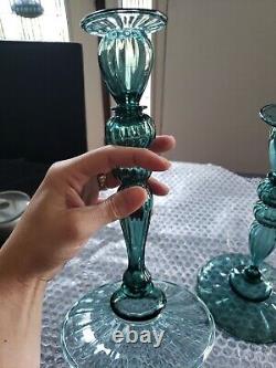 (2) Candlesticks 10 Candle Holders #2956 Art Glass Rare Steuben Aqua blue-green