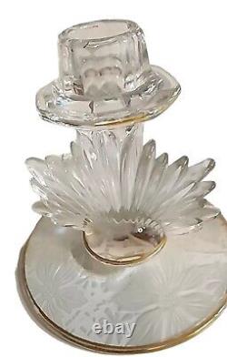 2 Clear Glass Starburst Candle Holders Art Deco Vtg MCM Gold Trim Floral Bases