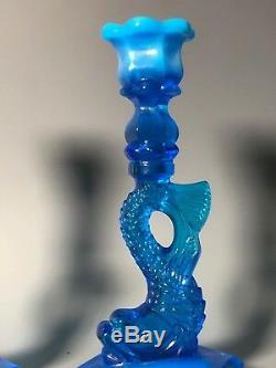 (2) Dolphin Koi Opalescent Blue Candlesticks Candle Holder Sandwich Glass 9.5