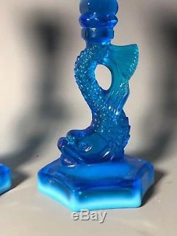 (2) Dolphin Koi Opalescent Blue Candlesticks Candle Holder Sandwich Glass 9.5