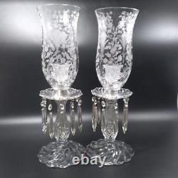 2 Duncan & Miller FIRST LOVE Candlesticks w Hurricane Shades Bobeches & Prisms