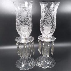 2 Duncan & Miller FIRST LOVE Candlesticks w Hurricane Shades Bobeches & Prisms